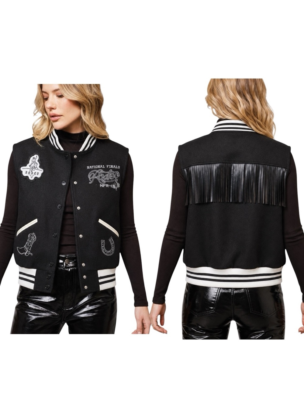 NEW blue b NFR Rodeo Varsity Fringe Black White Embroidered 2 Tone Patch Vest
